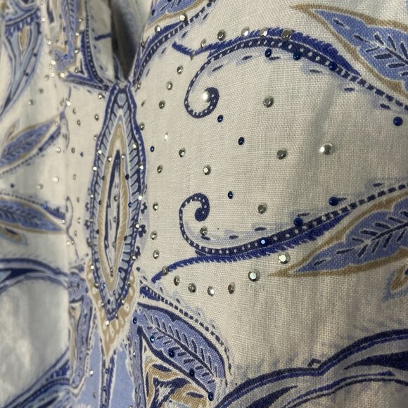 JM Collection Bohemian Womens L Large Linen Pullover Tunic Top Blue Paisley Stud - Picture 3 of 10